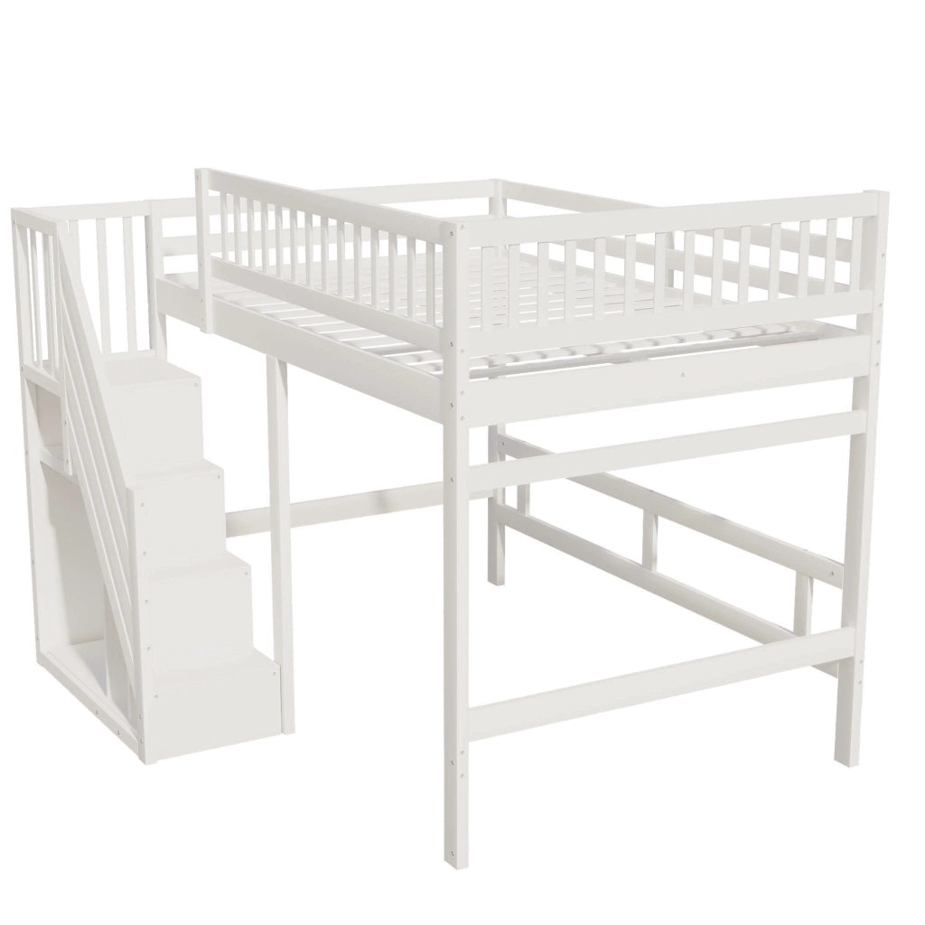 Letto a castello in legno bianco con scala a scomparti e parapetto alto 140x200 cm