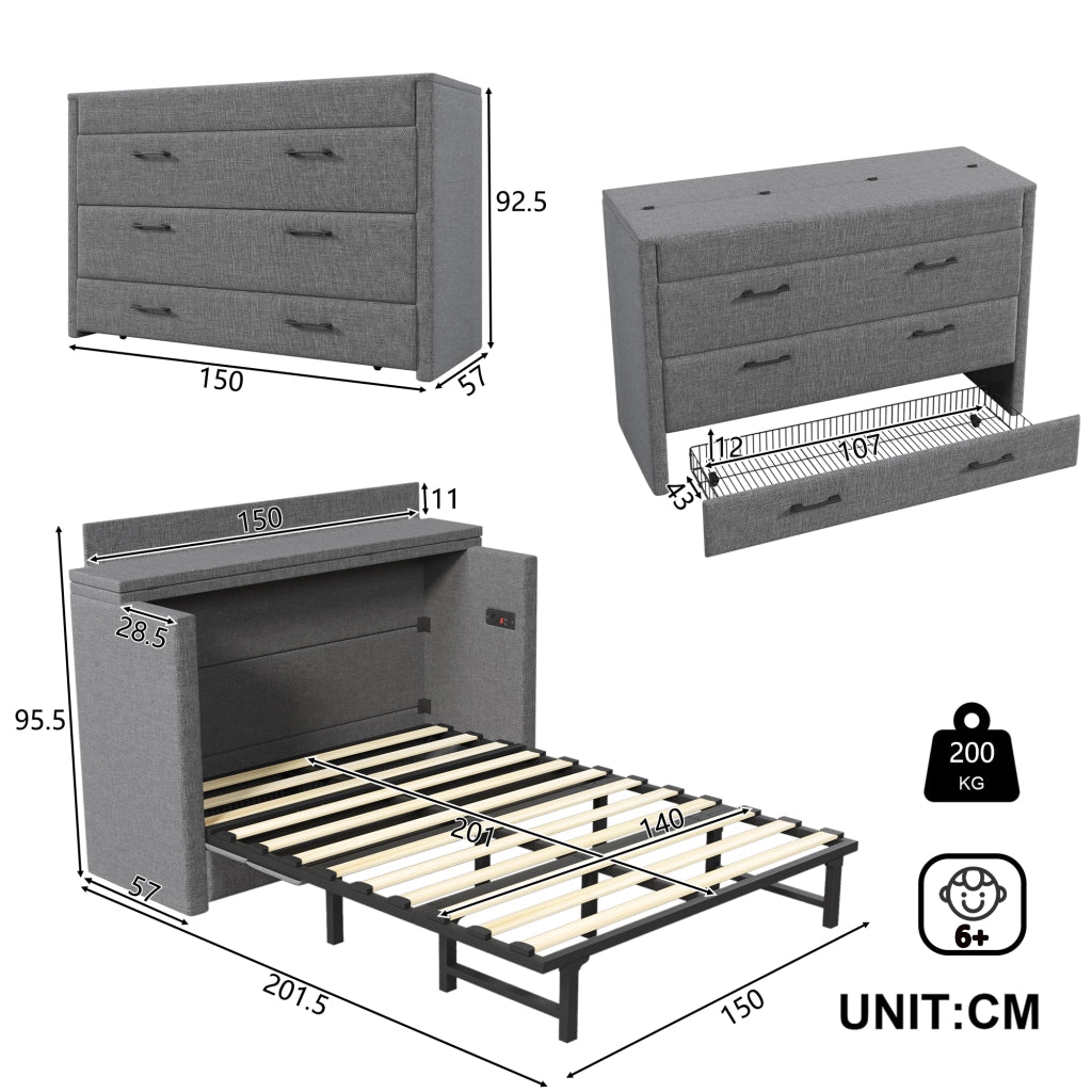 Letto salvaspazio matrimoniale 140×200 cm con cassetto; USB e Type-C; senza materasso; lino; grigio