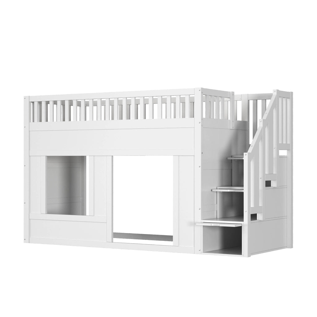 Letto a castello 90×200 cm 1 posto letto con scala contenitore e spazio gioco; senza materasso; in legno e MDF bianco
