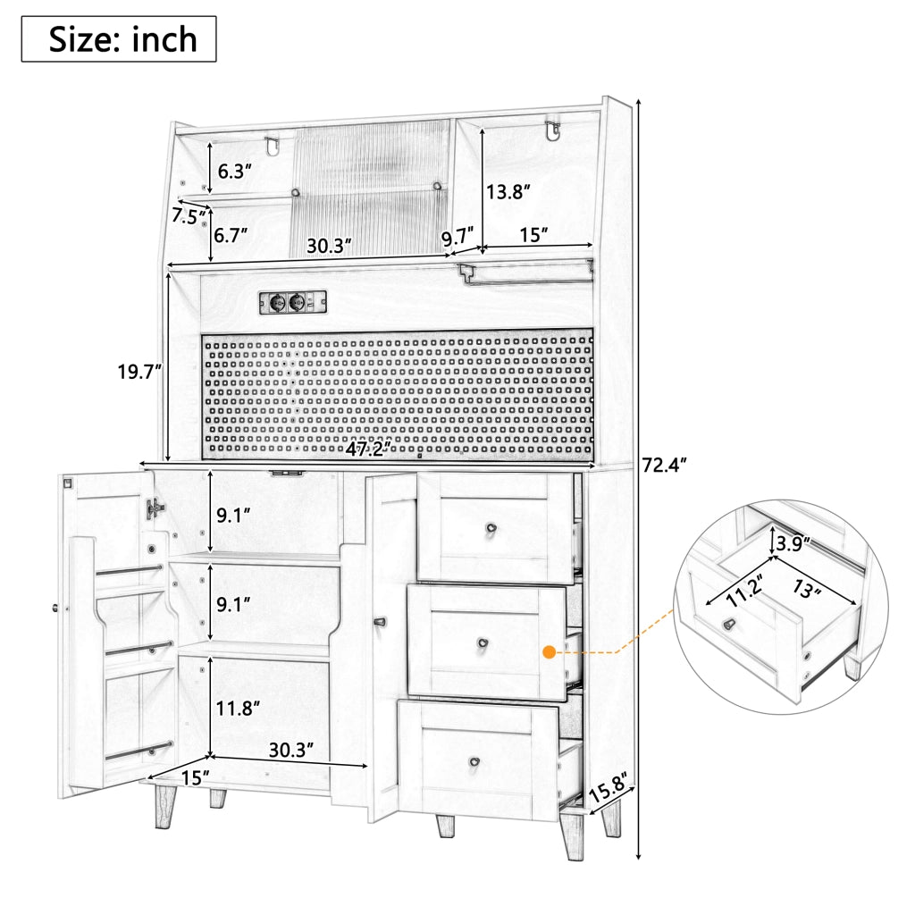 Credenza alta da cucina con 3 Cassetti; Ripiani Regolabili; Prese e Pannello Forato; in MDF; 120x40x184 cm; Bianco