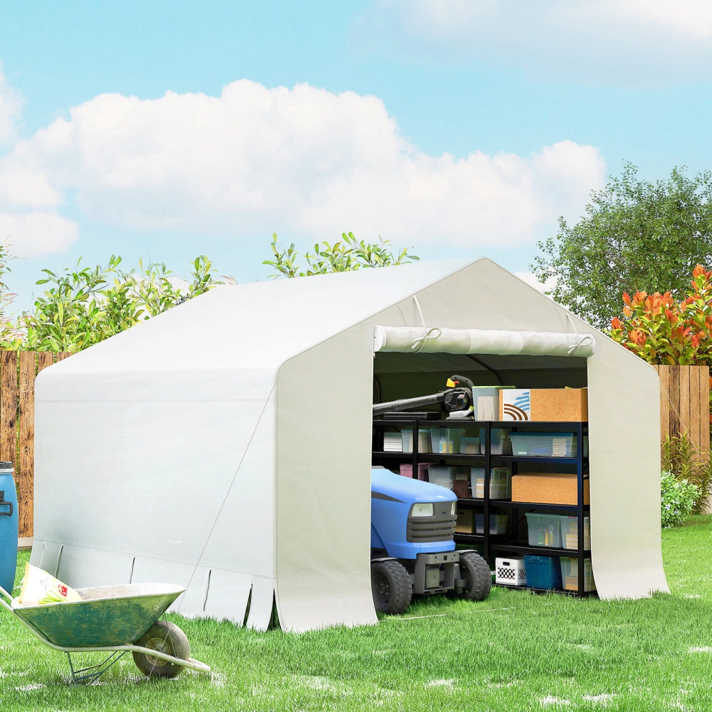 Capanno da Giardino e Tenda Garage 3x3 m Impermeabile con Porta Avvolgibile, Metallo e PE, Bianco