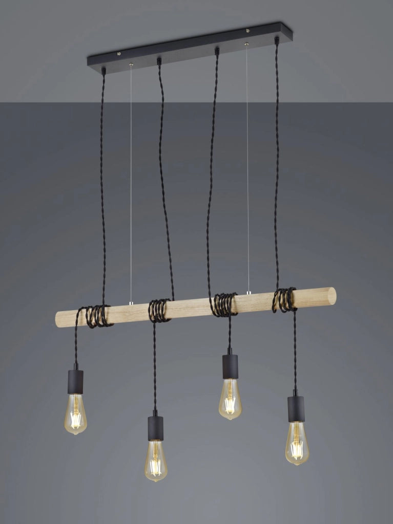 BRODY SOSPENSIONE LEGNO E METALLO CON 4 PORTALAMPADA PENDENTI L. 85CM ATTACCO E27