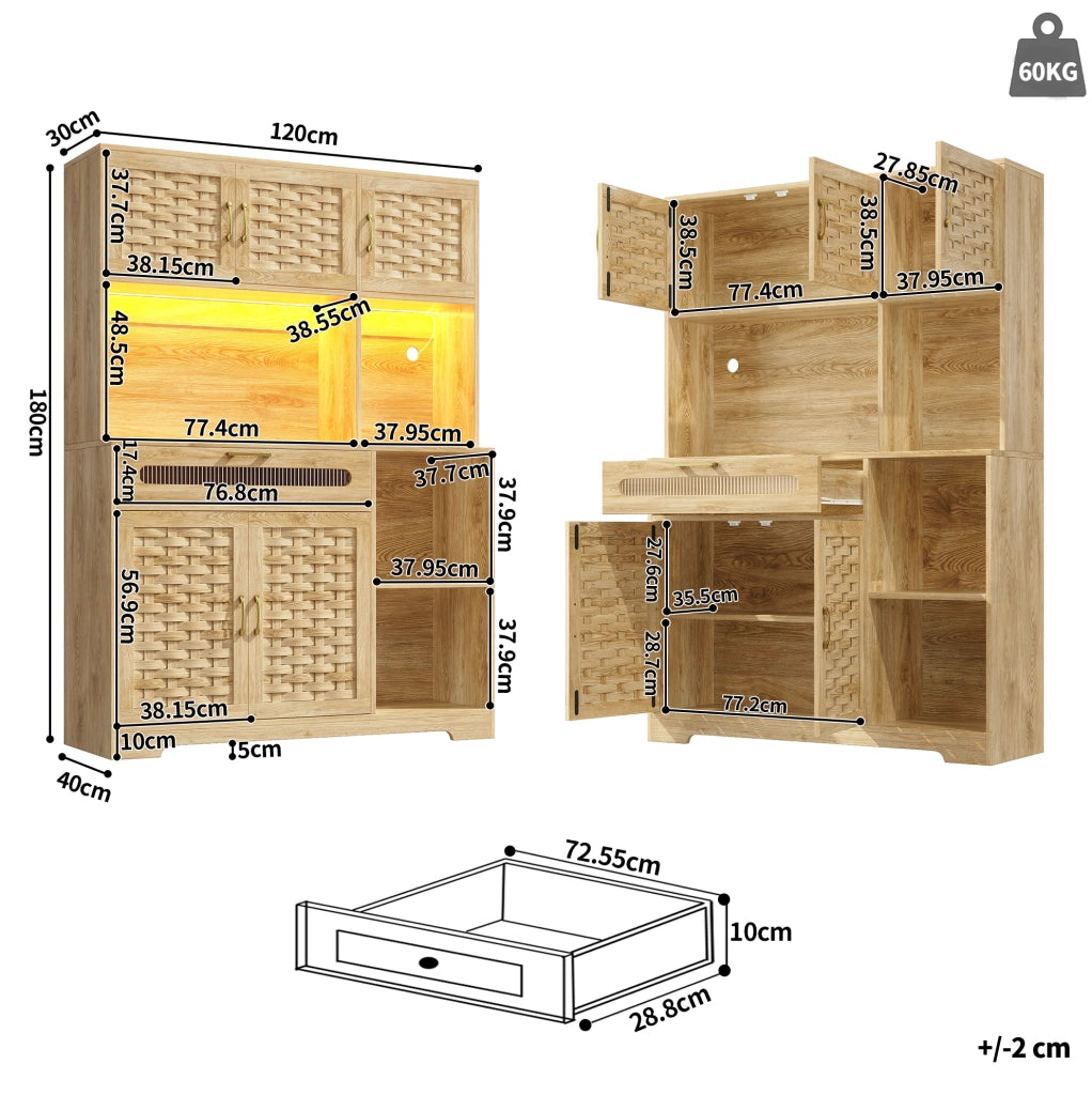 Credenza alta 120x40x180 cm con LED; ante in vetro; MDF e metallo naturale