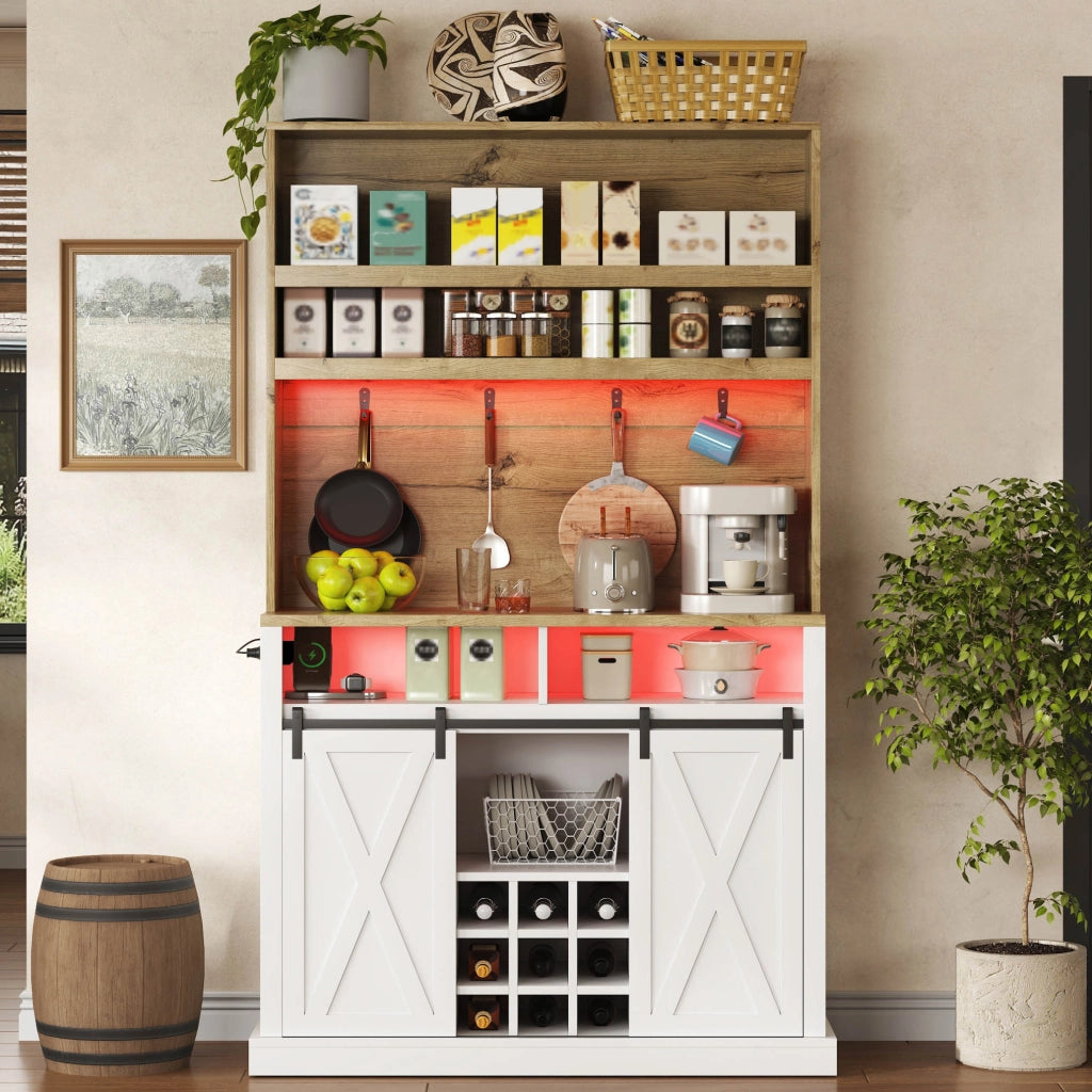 Hochschrank da cucina con LED, prese USB, ripiani aperti, ganci e vetrina 110x40x191 cm