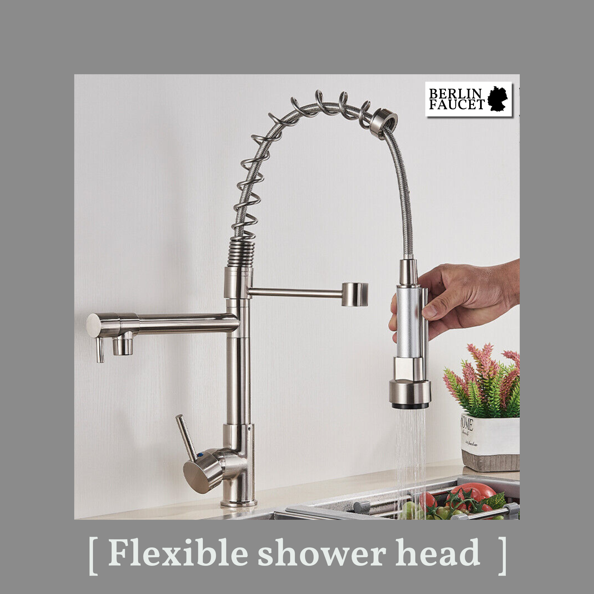 Bjorn | Rubinetto da parete gastronomia oro lucido Rubinetto cucina professionale in acciaio inox con due doccette|doppio lavello da parete ristorante