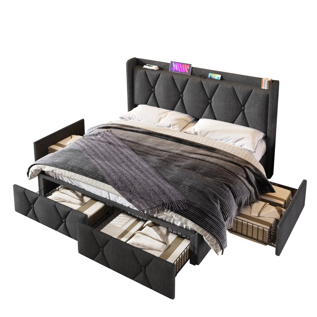Letto contenitore 160x200 cm con USB; 4 cassetti; lino grigio