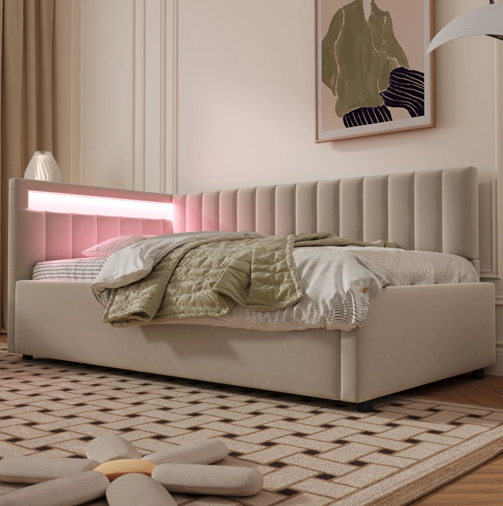 Letto imbottito 90x200 con LED, contenitore idraulico e rete a doghe