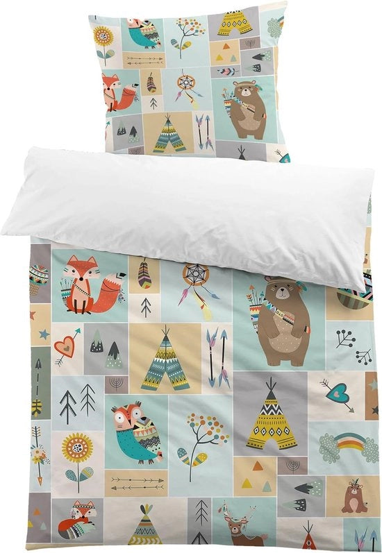 Set di lenzuola per lettino 135 x 200 cm, tema animali per bambini, microfibra, poliestere, 1 lenzuolo e 1 copripiuma.