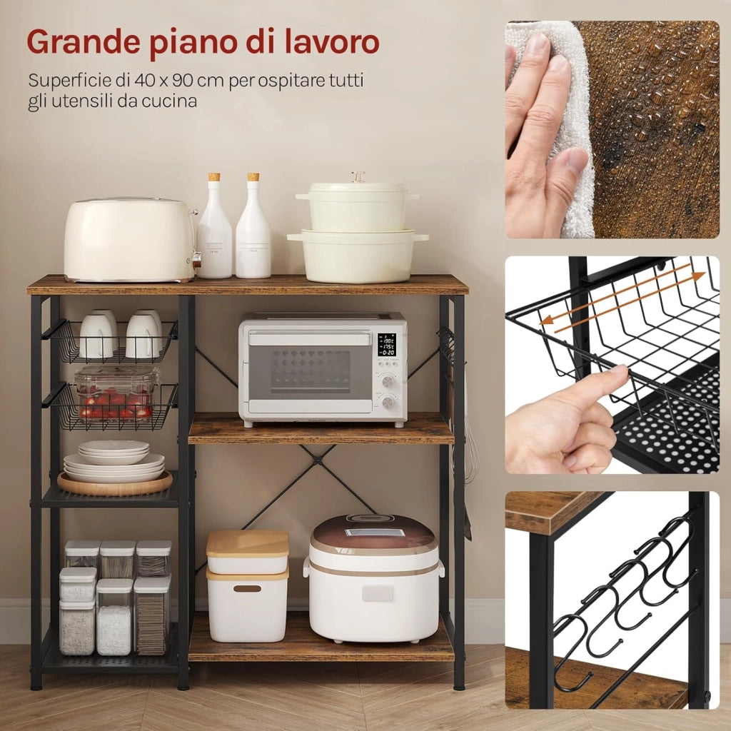 Scaffale da Cucina con 2 Cestelli Estraibili, Supporto per Microonde con 2 Ripiani in Rete Metallica, Scaffalatura Portaoggetti con 5 Ganci, 90x40x82 cm, Marrone Rustico + Nero