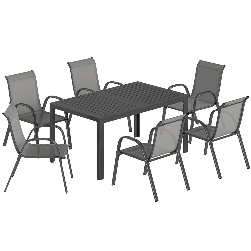 Set 7 Pezzi da Esterno con Tavolo Rettangolare in Acciaio e 6 Sedie Impilabili in Texteline Grigio Chiaro