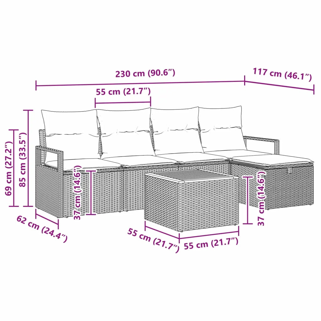 Set Divano da Giardino con cuscino 6 pcs Grigio Poly Rattan