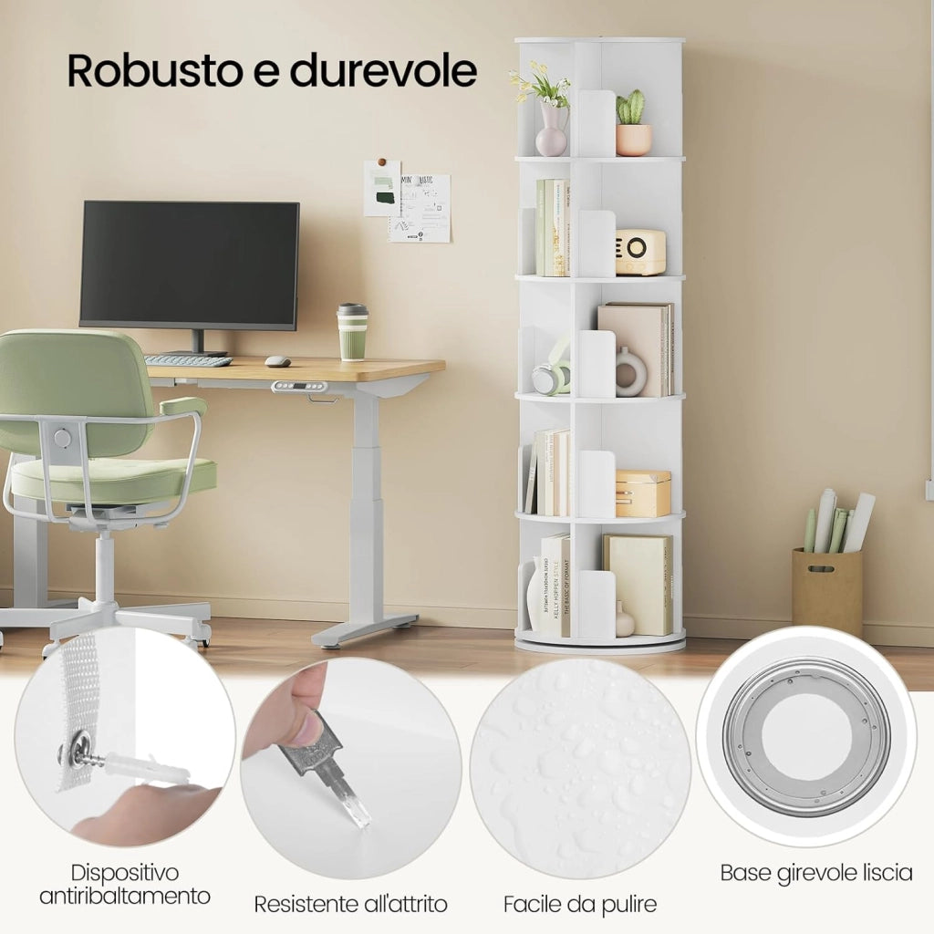 Libreria Girevole a 5 Livelli, Scaffale Angolare Rotante con 20 Scomparti, Organizer Autoportante per Soggiorno, Camera e Ufficio, in Legno Bianco