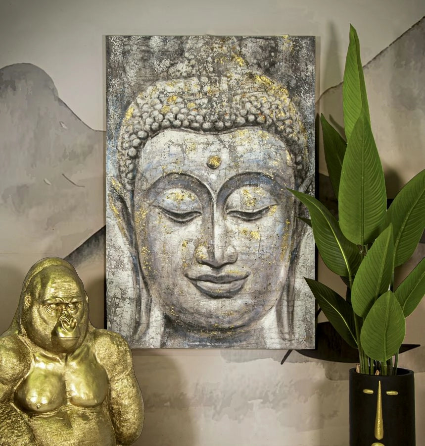 Dipinto su Tela Face Buddha Light 80x120x3 cm Cornice in Legno di Pino Multicolor