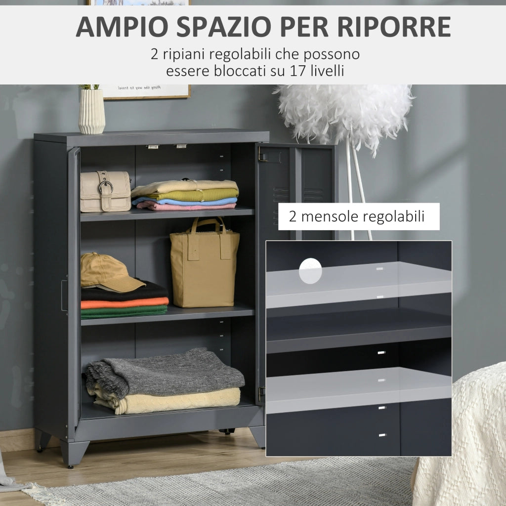 EasyComfort Mobiletto Multiuso 2 Ante Stile Industriale in Metallo per Casa e Garage, 75x33x110cm, Grigio