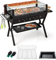 Barbecue a Carbone da Legno, con Parabrezza e Portaspezie, Griglia per Barbecue in metallo, Barbecue da campeggio con Coppia di guanti, Barbecue Esterno 3 in 1, 98 x 70 x 68 cm, Nero