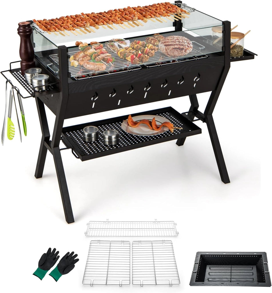 Barbecue a Carbone da Legno, con Parabrezza e Portaspezie, Griglia per Barbecue in metallo, Barbecue da campeggio con Coppia di guanti, Barbecue Esterno 3 in 1, 98 x 70 x 68 cm, Nero