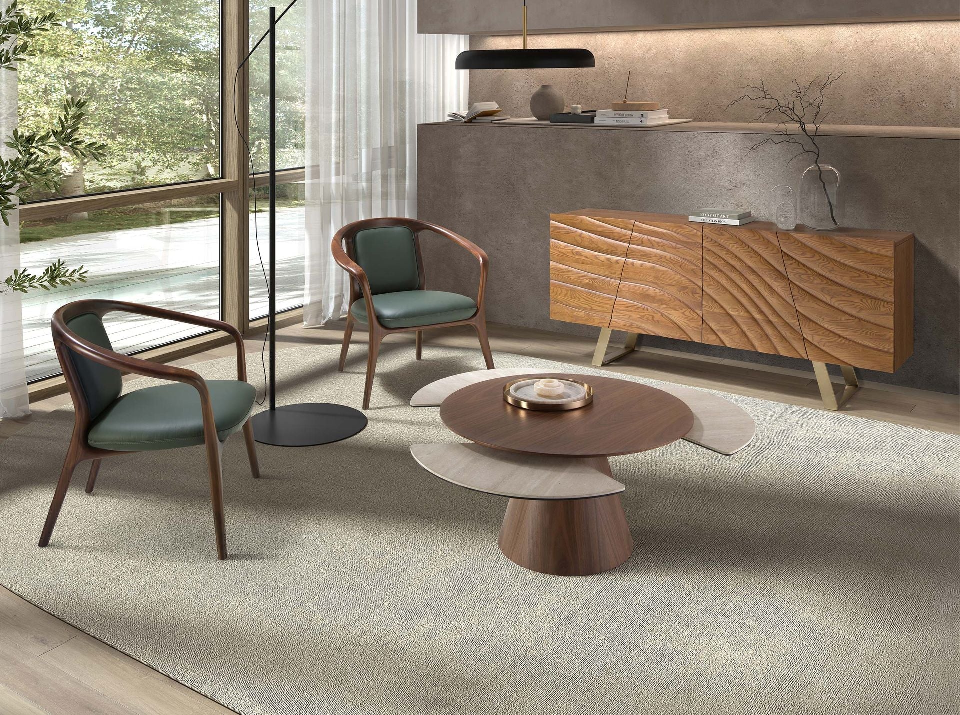 Credenza in noce chiaro e acciaio lucidato color oro