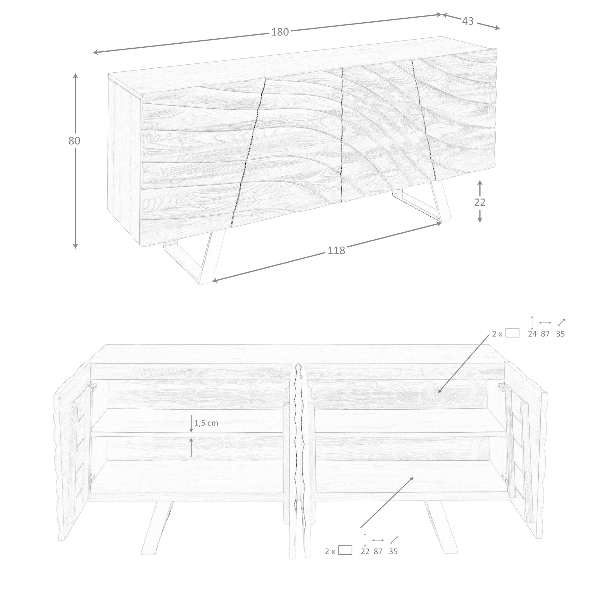 Credenza in noce chiaro e acciaio lucidato color oro