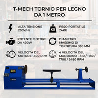 Tornio per Legno da Banco 400W 147x36x21 cm con 6 Scalpelli