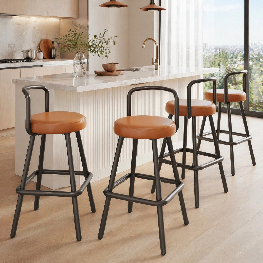 Sgabello da bar con schienale ergonomico e seduta imbottita in PU idrorepellente, gambe in metallo marrone