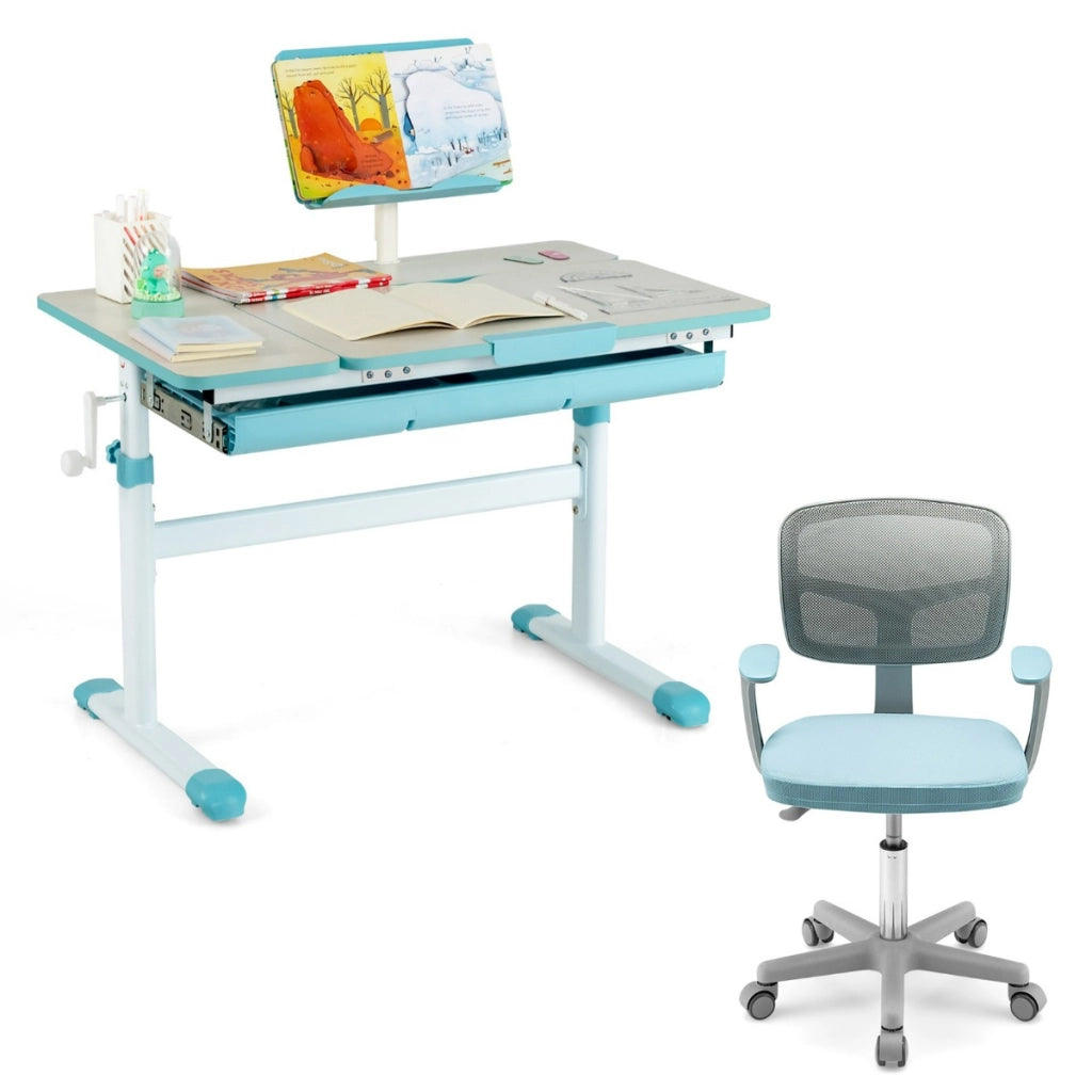 Scrivania per bambini regolabile in altezza e sedia per scrivania, Tavolo ergonomico azzurro e sedile girevole a rete-Tavoli e sedie