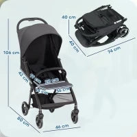 Passeggino per Bambini 0-3 Anni Pieghevole e Leggero con Schienale Regolabile, Capottina, Cestino, Grigio Scuro