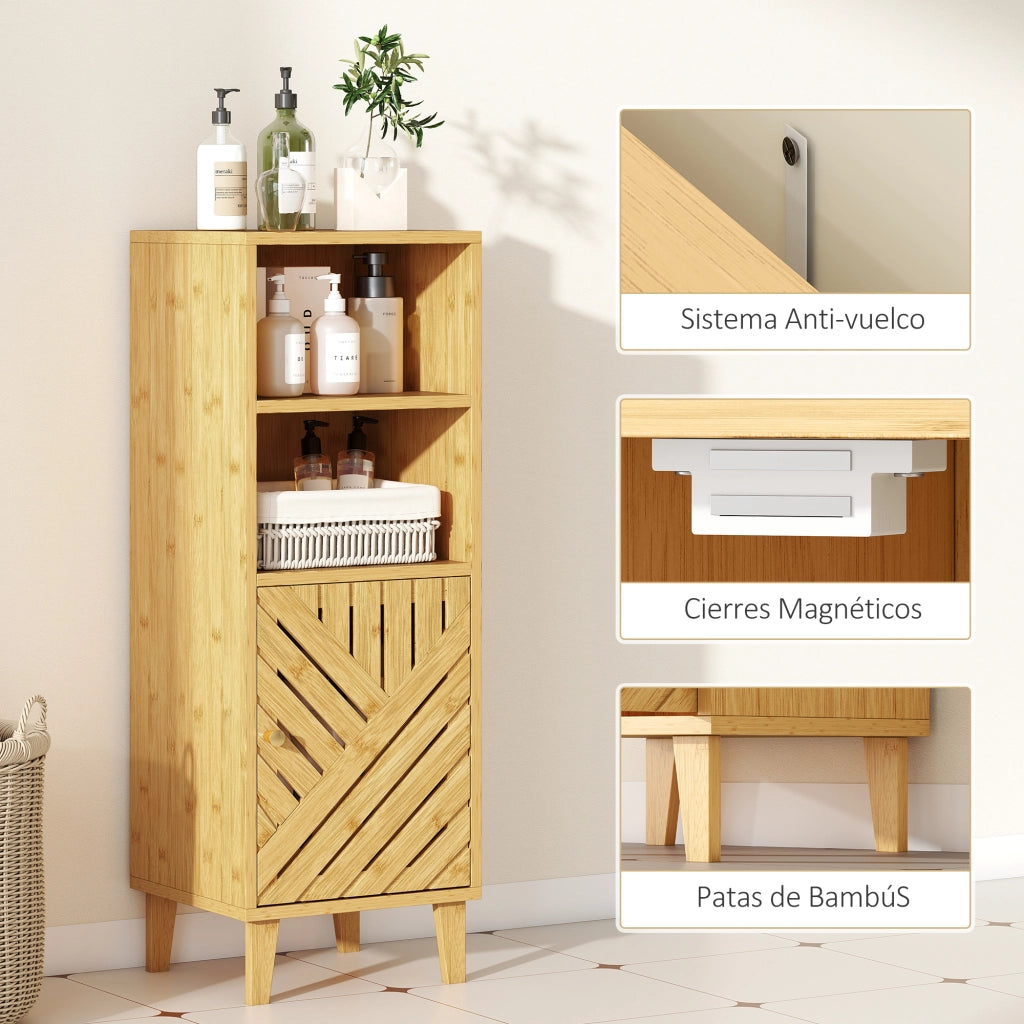 Armadietto Bagno Stretto con 2 Ripiani Aperti e Anta ¨C Minimal ¨C Legno Bamb¨´ 32x30x90 cm Natural