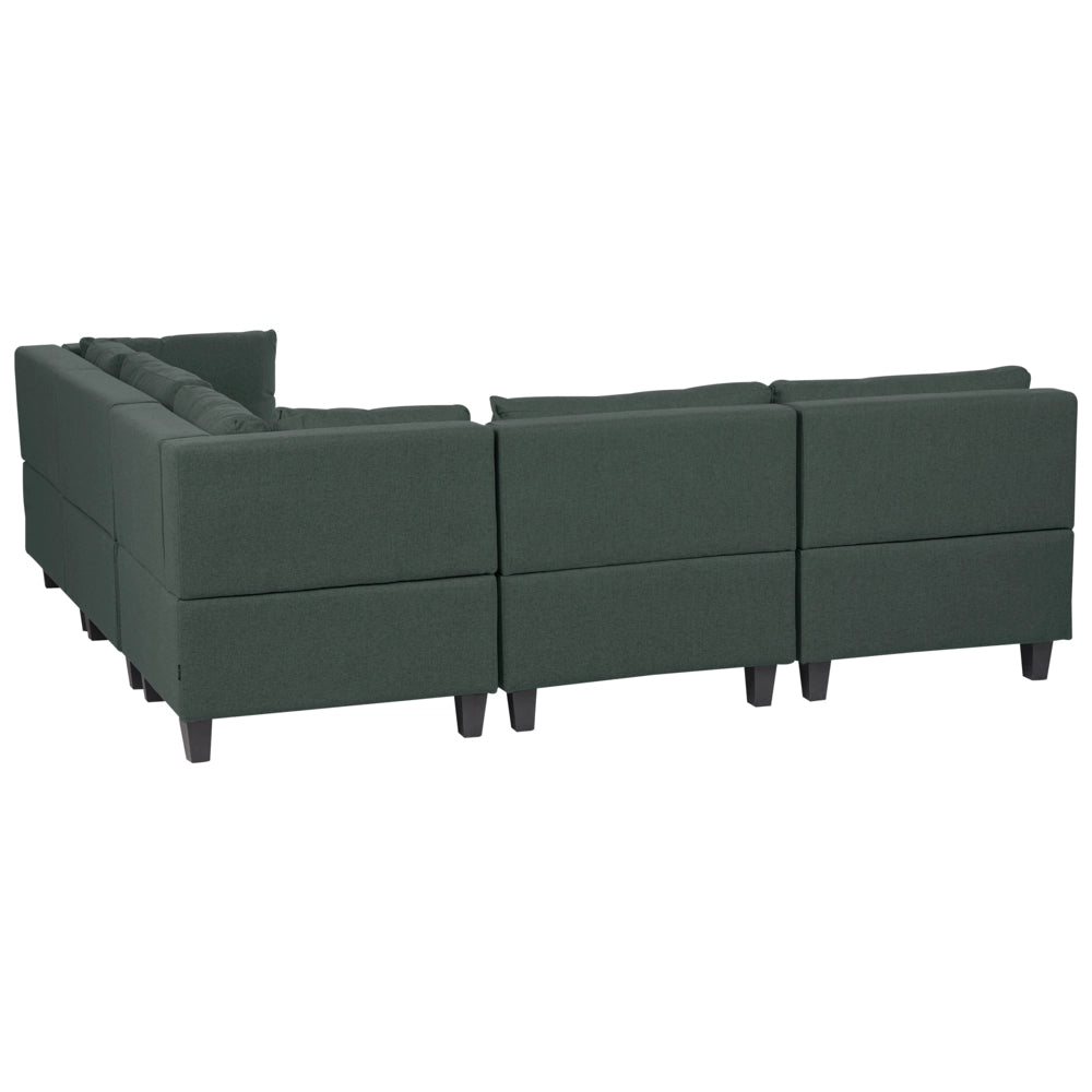 Divano componibile a 5 posti imbottito lato sinistro in tessuto verde scuro con gambe nere e pouf stile moderno