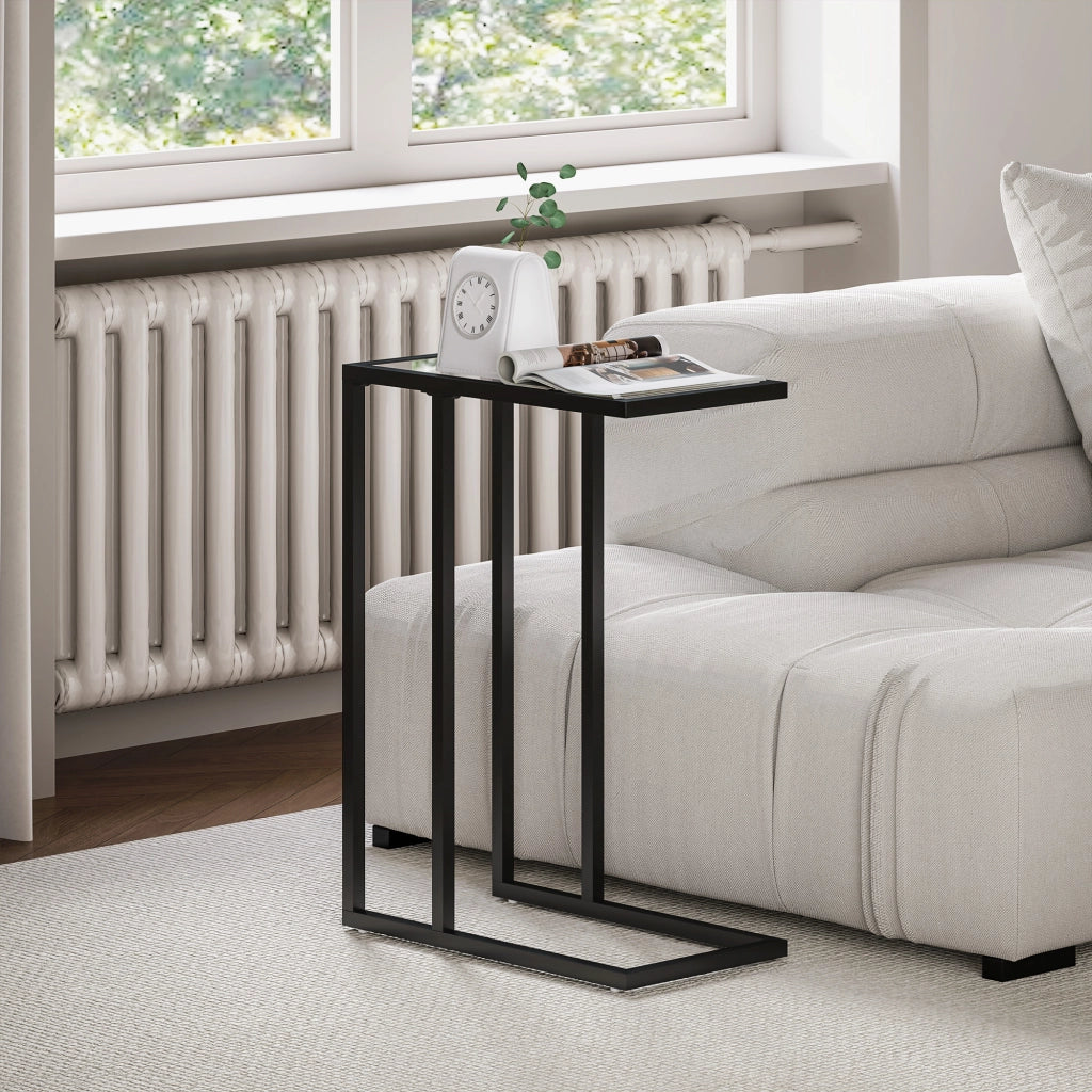 Tavolino da Salotto a Forma di C 46x25x63,5 cm in Vetro e Acciaio Nero