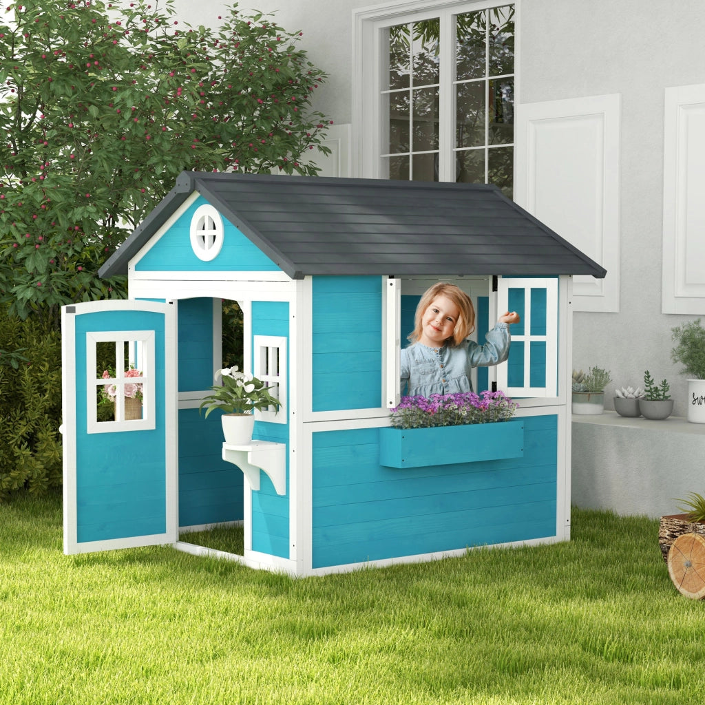 Casetta da gioco per bambini in legno ¨C zephmum ¨C blu con finestre e vasi