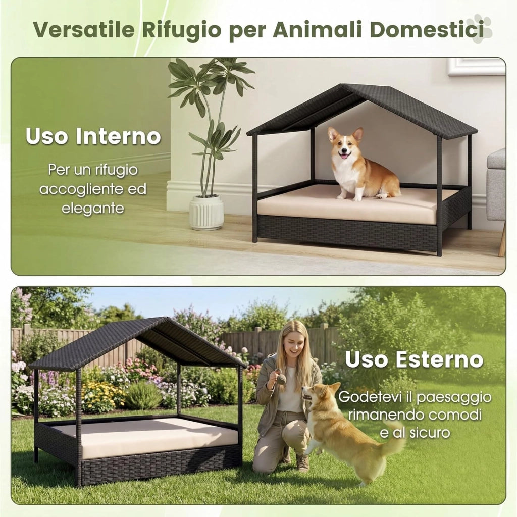 Casetta per Cani da Esterno e Interno, Letto Rialzato in Rattan con Struttura in Metallo, Tetto Impermeabile e Cuscino Rimovibile, per Cani di Taglia Piccola e Media fino a 60 KG (Beige)