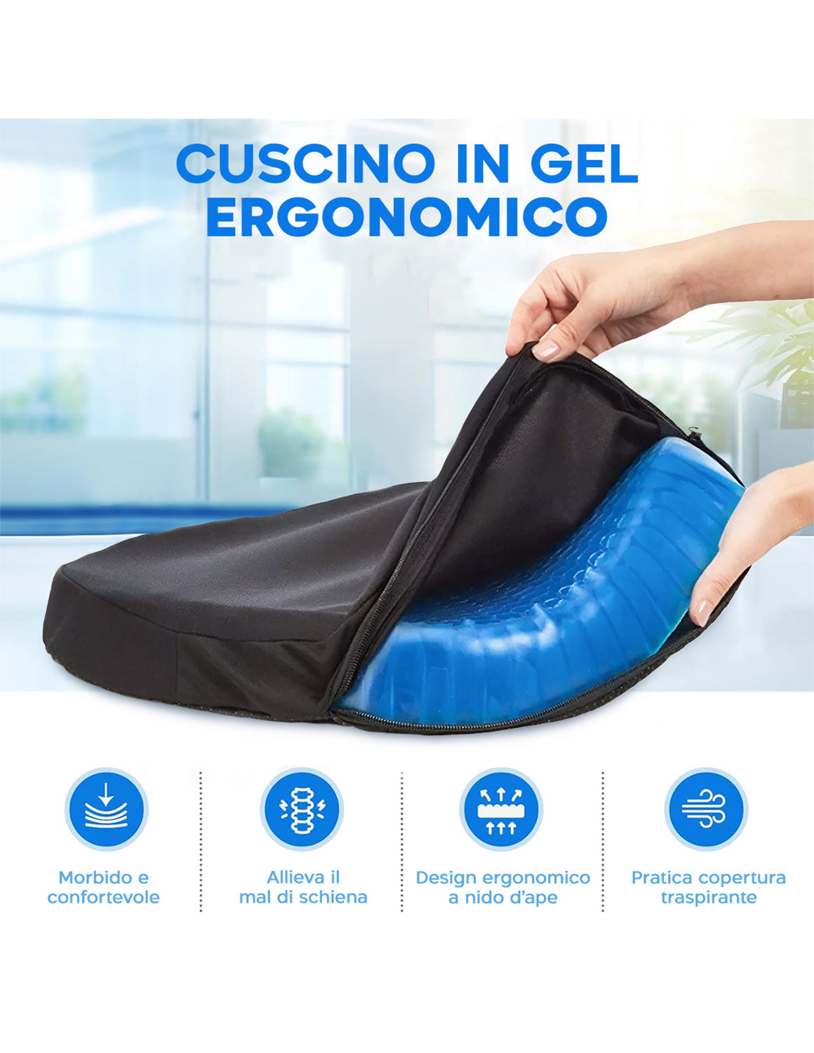 Set 4 Pezzi Cuscino Gel per Sedute Prolungate 37x30x4 cm Ergonomico