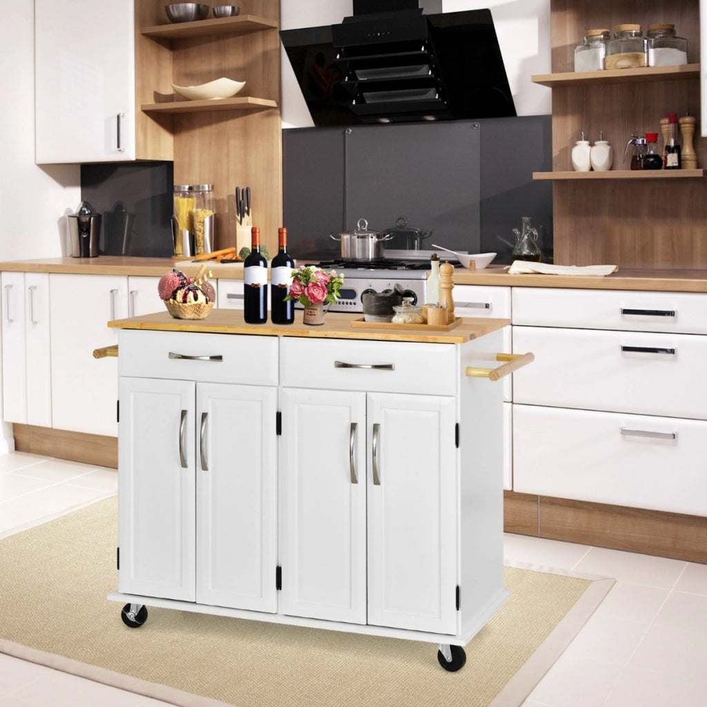 Carrello da cucina con piano di lavoro in legno di gomma 4 ante ripiani regolabili-Scaffale-Carrello porta utensili Bianco