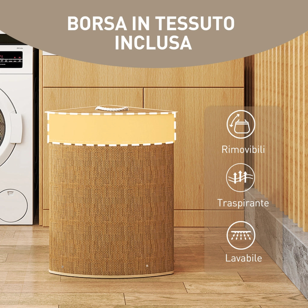 Cesto Portabiancheria Angolare da 55L con Sacco Rimovibile 35x35x60 cm in Vimini e Bambù Marrone