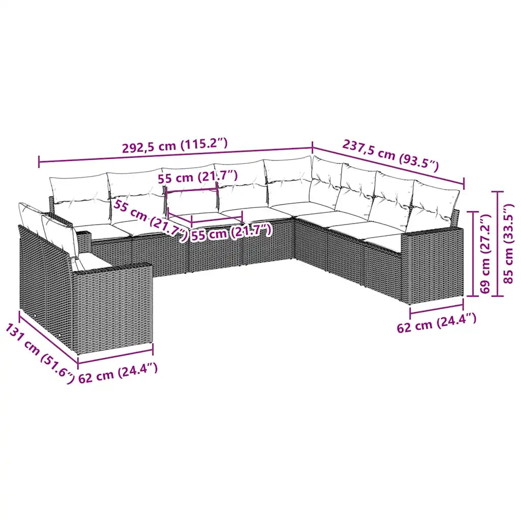 Set Divani da Giardino 10pz con Cuscini in Polyrattan Marrone 3251510