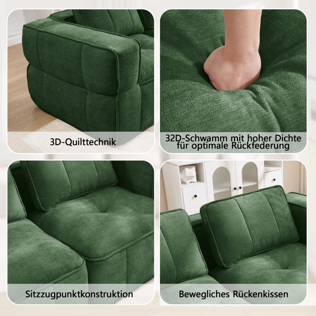 Divano modulare con pouf in poliestere verde; 198 x 162 x 67 cm