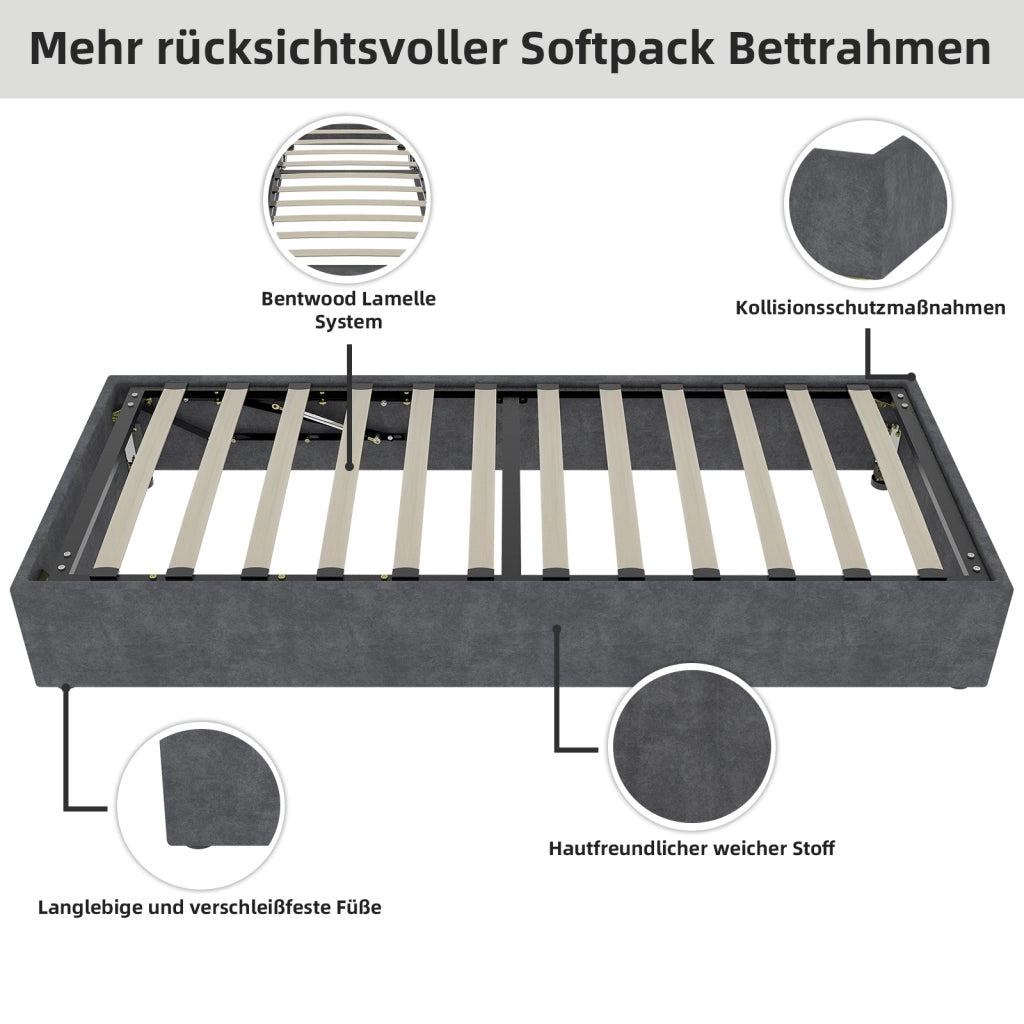 Letto Singolo 90x200 cm con Contenitore e Testiera Cartoon; in Tessuto e Metallo Grigio