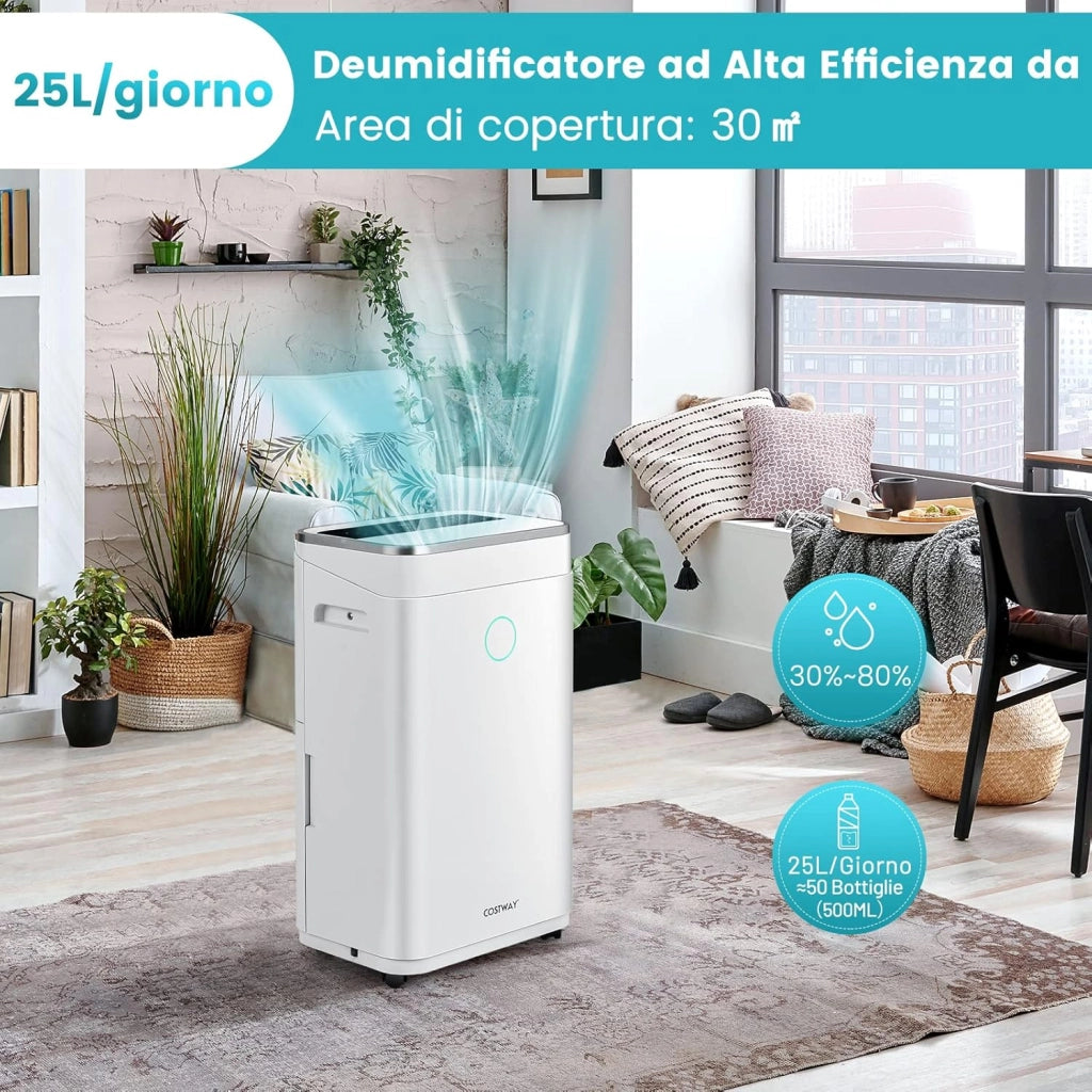 Deumidificatore Casa 25 L al Giorno, con Tubo di Scarico, Scarico Automatico o Manuale, Timer 24 ore, Protezione Straripamento e Serbatoio dell’Acqua 6,5 L per Spazi Fino a 30 m2