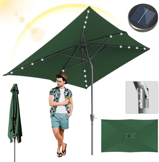 Ombrellone rettangolare 2 × 3 m con luce LED – Struttura metallica per giardino, protettivo UV, verde