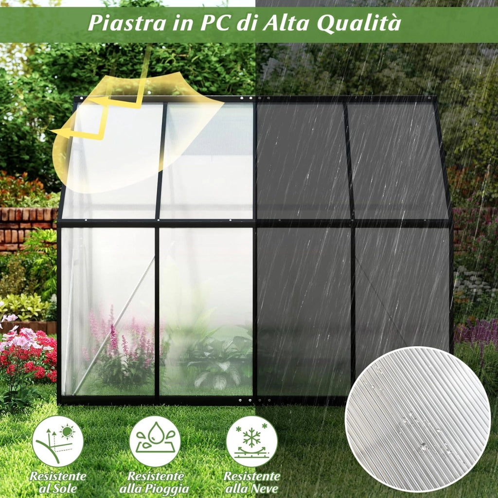 Serra da Giardino in Lega di Alluminio 250 x 190 x 195 cm, con Porta Bloccabile e Lucernario Regolabile, Pannello Trasparente in PC, Serra da Esterno per Piante, Fiori e Frutta