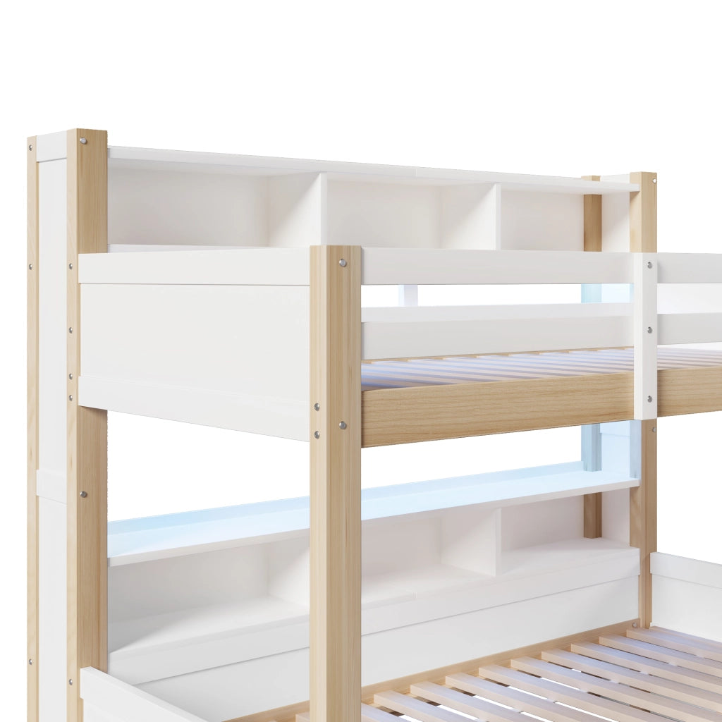 Letto a Castello 90x200 140x200 con LED, Cassetto e Rete a Doghe ¨C MINIMAL ¨C Bianco e Naturale