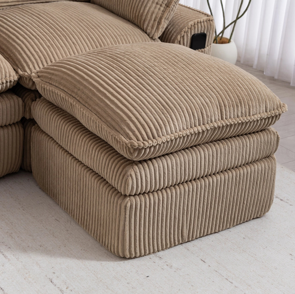 Divano modulare in velluto a coste con pouf; khaki; 263 x 167 x 85 cm