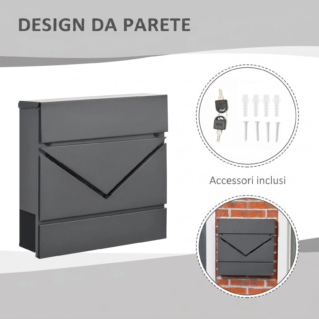 Cassetta Postale in Acciaio Zincato con Portagiornali e 2 Chiavi di Sicurezza, 37x10.5x37 cm, Grigio
