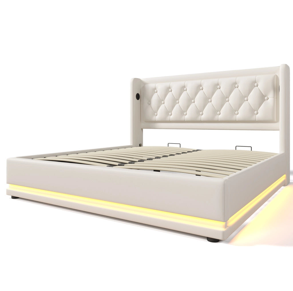 Letto matrimoniale 160x200 cm in PU bianco con contenitore; USB Type-C e LED a 3 lati