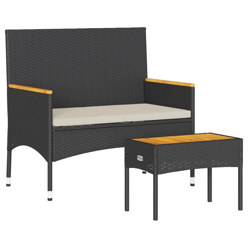 vidaXL Panca da Giardino a 2 Posti Cuscini e Tavolo Nera in Polyrattan