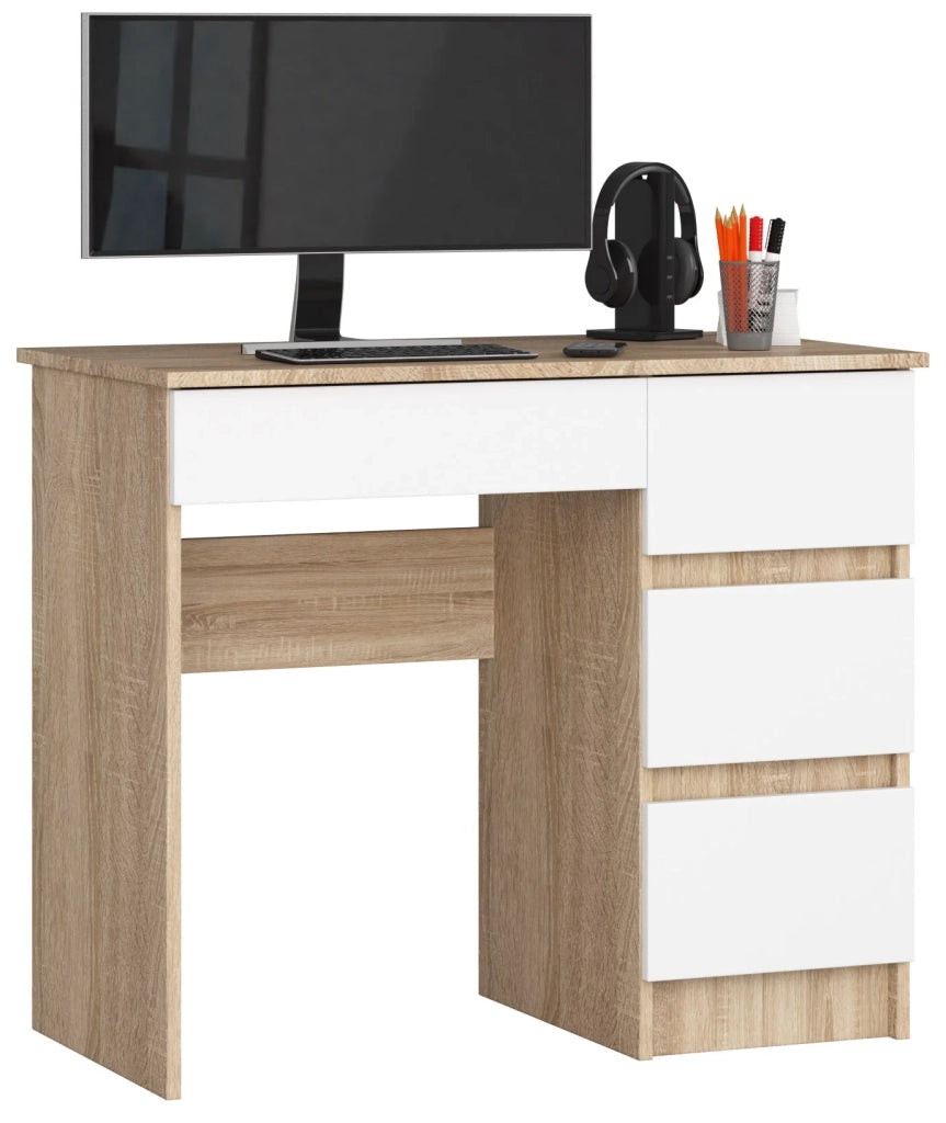 Scrivania per computer AKORD A7 Sonoma Quercia 90 cm 4 cassetti inserto frontale Bianco 90x50x77 cm Modello a destra
