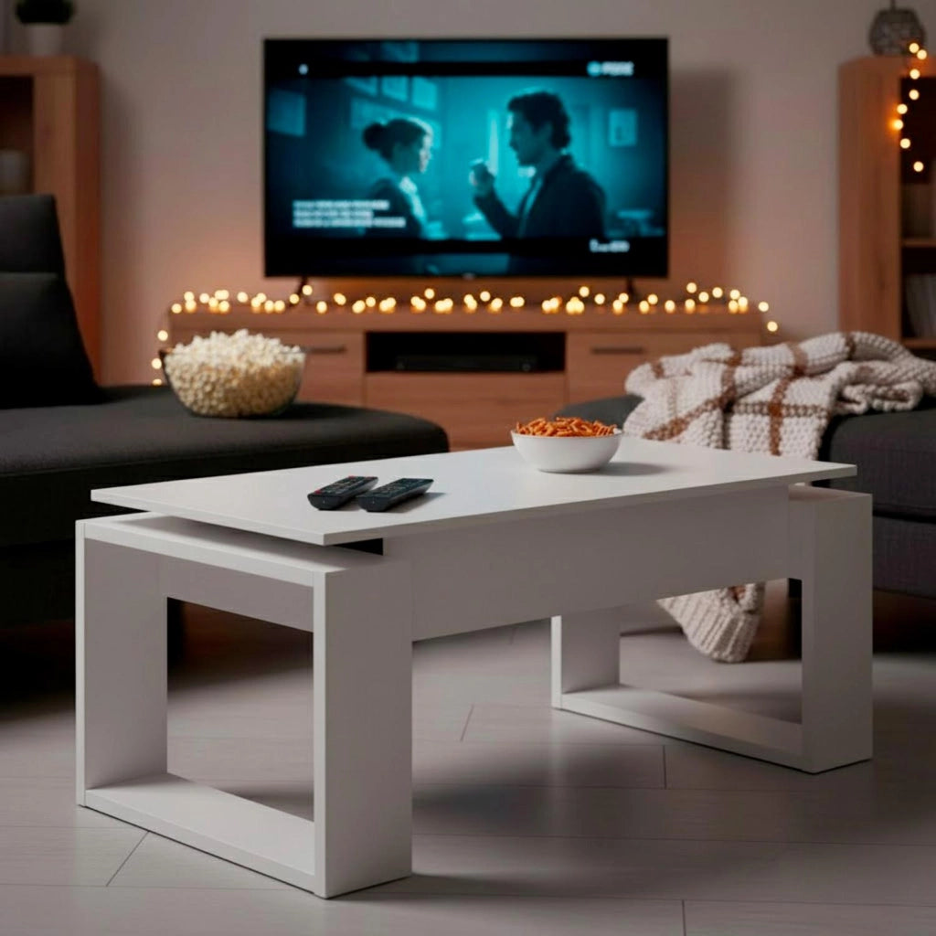 Tavolino Da Soggiorno Rialzabile Con Piano Sollevabile Tavolo Da Caffè Moderno Per Pranzo Salvaspazio Ideale Per Mangiare Lavorare E Organizzare Il Living 105 X 55 X 45 Cm Bianco
