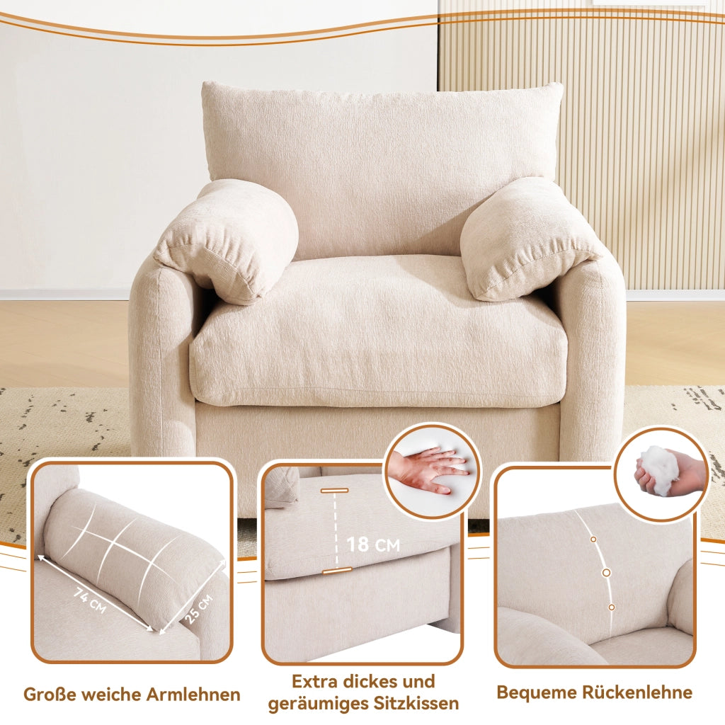 Poltrona singola in chenille con braccioli imbottiti; 96 cm; beige