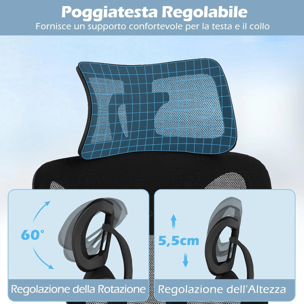 Sedia Ergonomica da Ufficio in Rete con Supporto Lombare Regolabile, Poggiatesta e Braccioli, Schienale Inclinabile, Sedia da Scrivania Girevole Regolabile in Altezza, Portata 150 kg