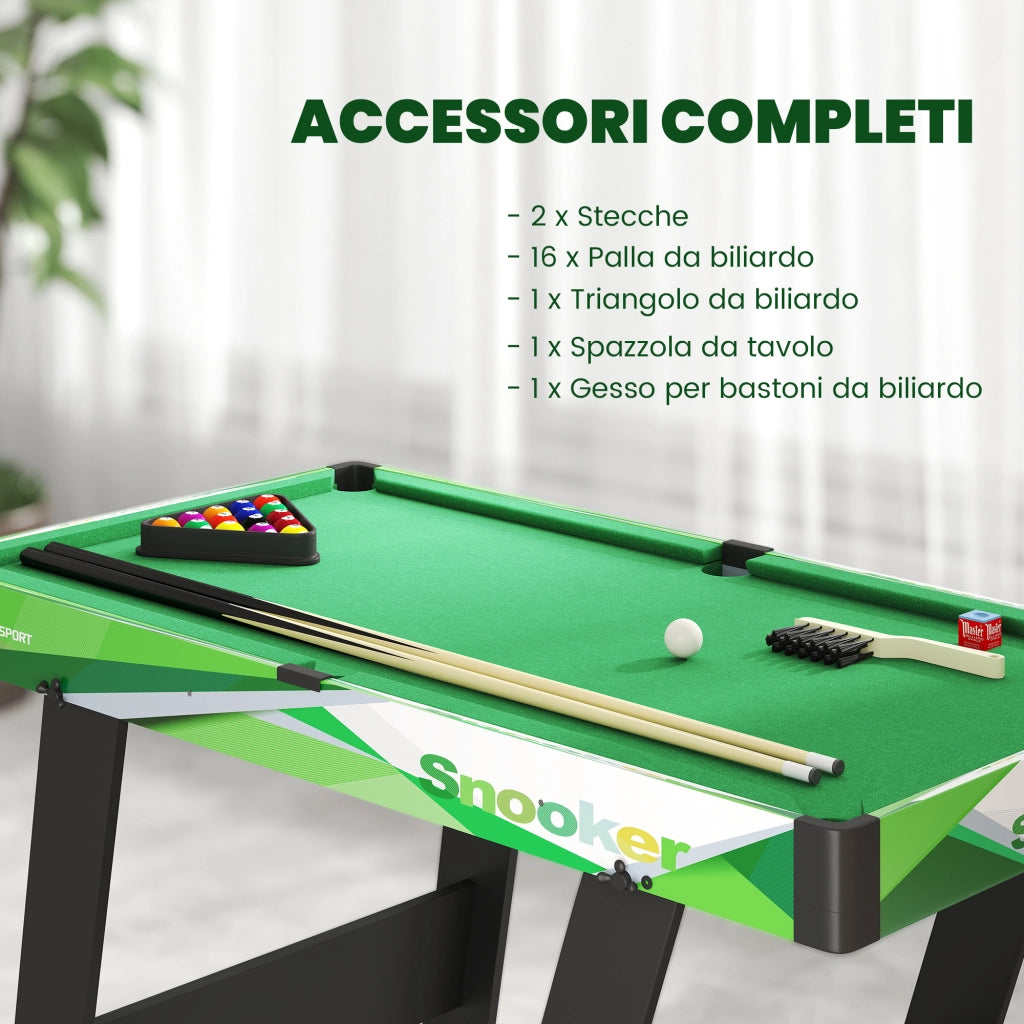 Tavolo da Biliardo Pieghevole 104x55,5x68 cm con Stecche Palle e Triangolo in MDF Verde e Nero
